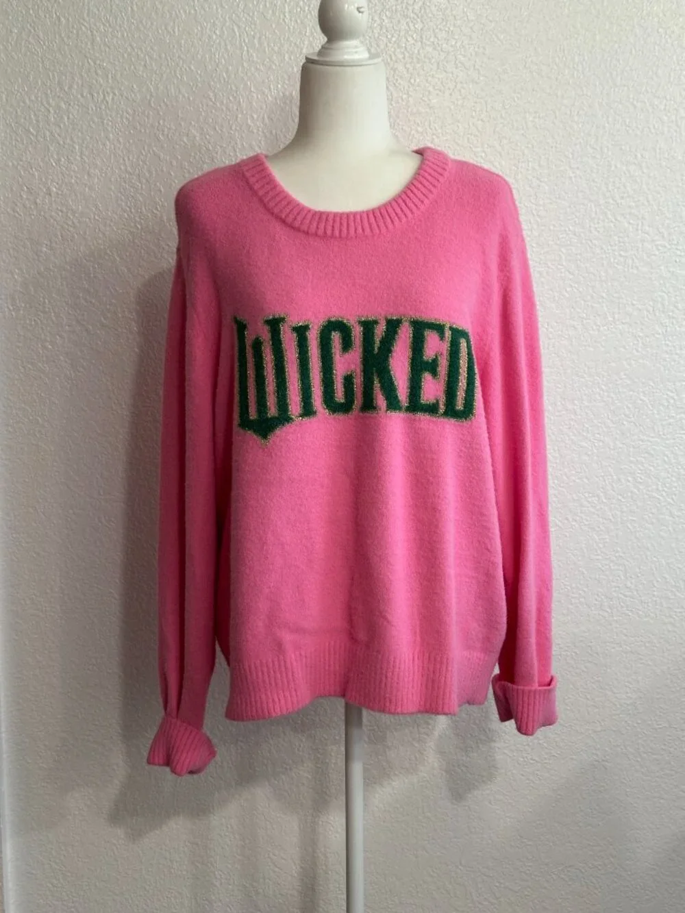 Wicked Pink Graphic Sweater Women’s Oversized Crewneck Knit Pullover Cozy Statem - Picture 2 of 5